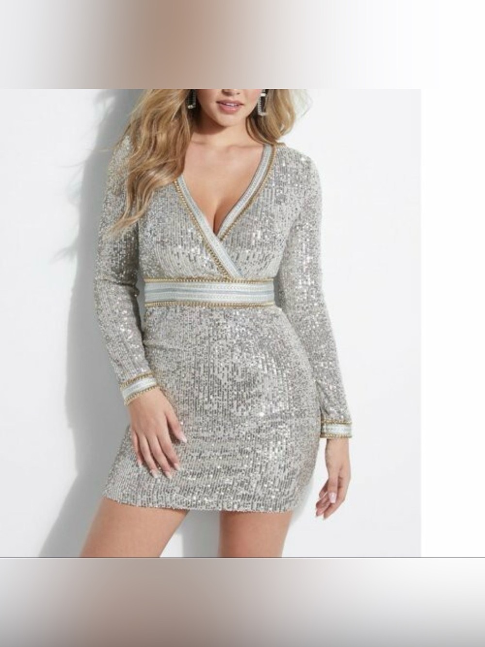 Guess Silver Sequin Wrap V-Neck Midi Dress with Gold Trim